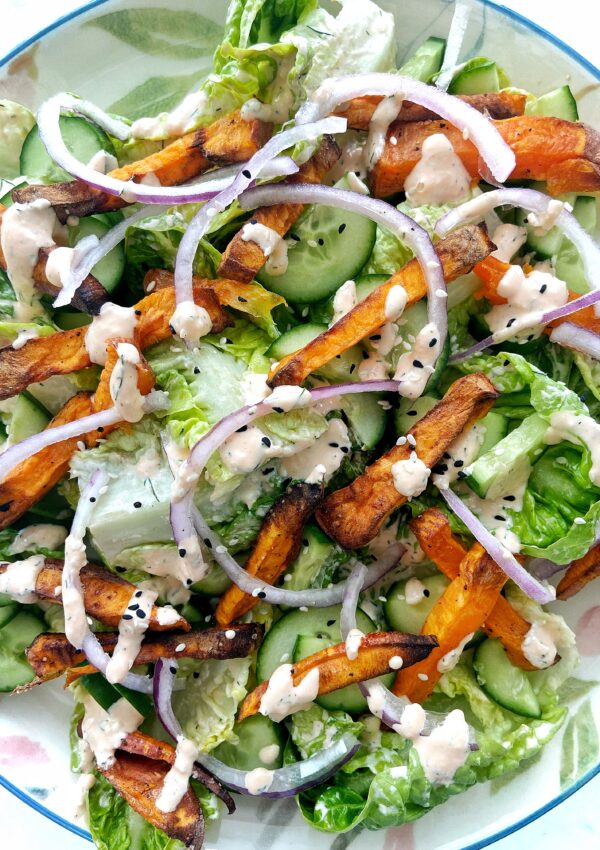 Baby gem salad with roasted sweet potatoes
